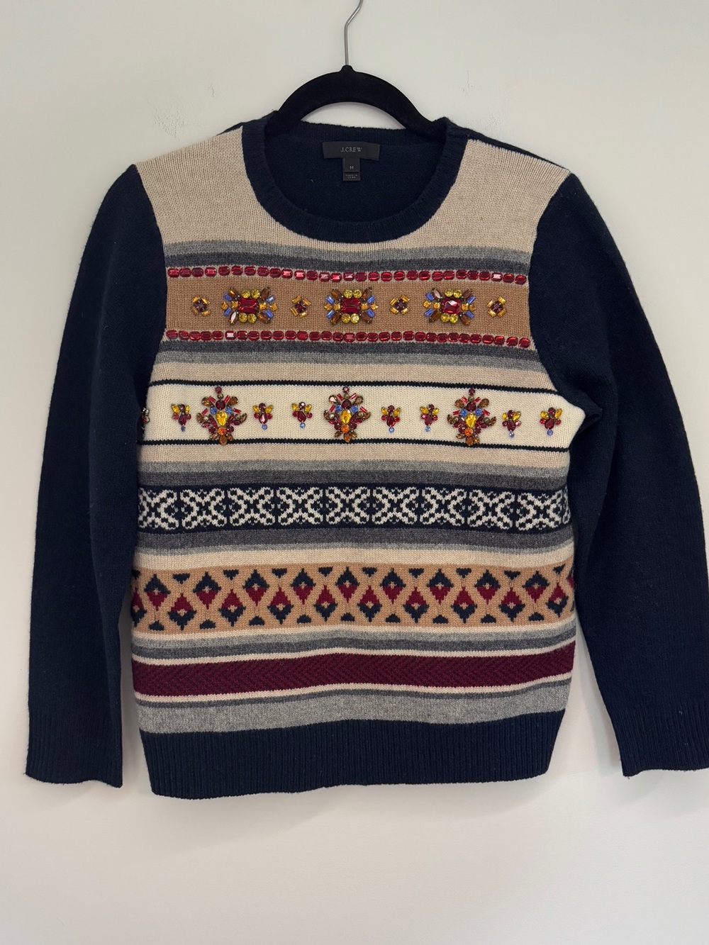 J. Crew Fair Isle Rhinestone Jeweled 100% Wool Sweater - Picture 4 of 8
